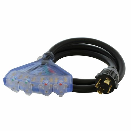 AC WORKS 5FT L14-30P 4-Prong 30A Locking Plug to 4 15/20A Household PDU With Power Indicator Lights L1430F520-05BKL
